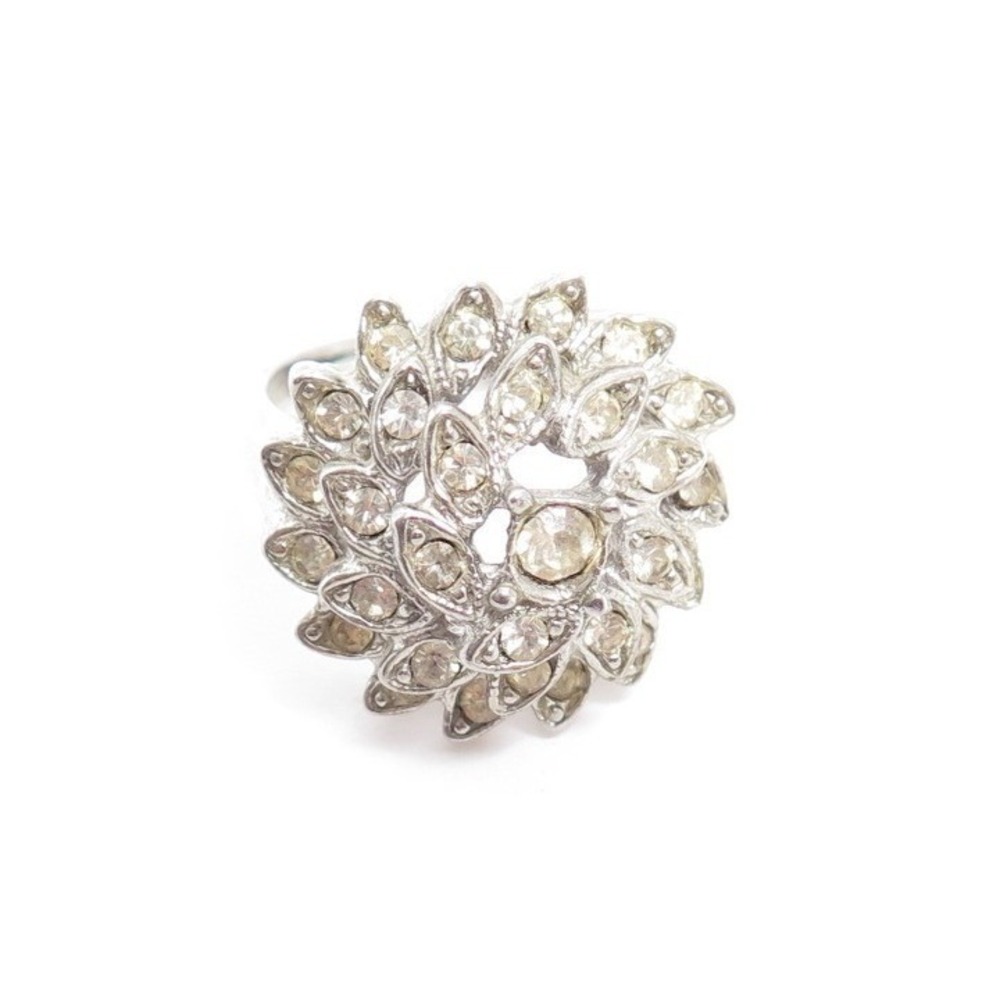 Vintage Silver Toned‎ Rhinestone Flower Cocktail Ring Size 7.5